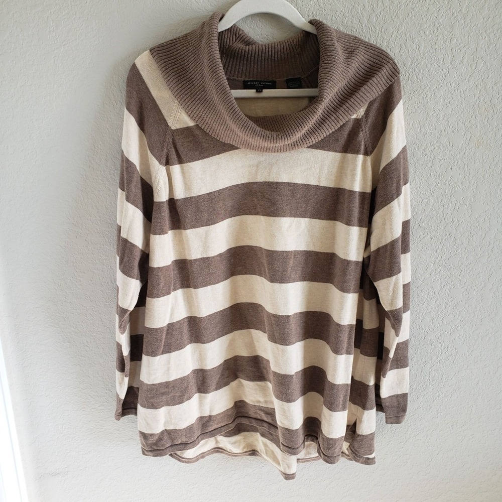 Jeanne Pierre Woman Size 2X Cotton Cowl Neck Stripe Sweater Side Vents Tan/Cream
